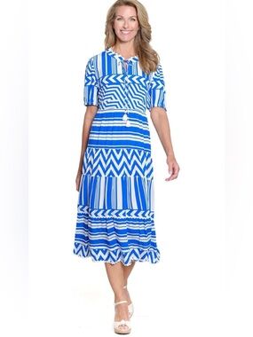 NWT Multiples Blue White Geometric Midi Dress Size L Pockets Coastal Summer NEW